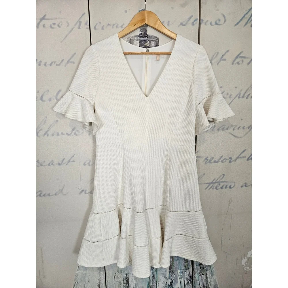 Rebecca Taylor Fit & Flare Dress 12 Cream Ruffle Sleeve Textured V-Neck Mini